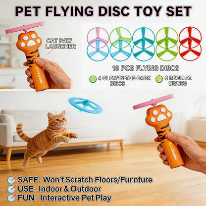 Cat Fetch Toy Launcher,Flying Disc Launcher Toy Rechargeable with 10 Flying Discs,Flying Cat Toy Disc Launcher for Kitten Dog Playing Interactive Hunting Tracking Toys for Outdoor Indoor,Orange
