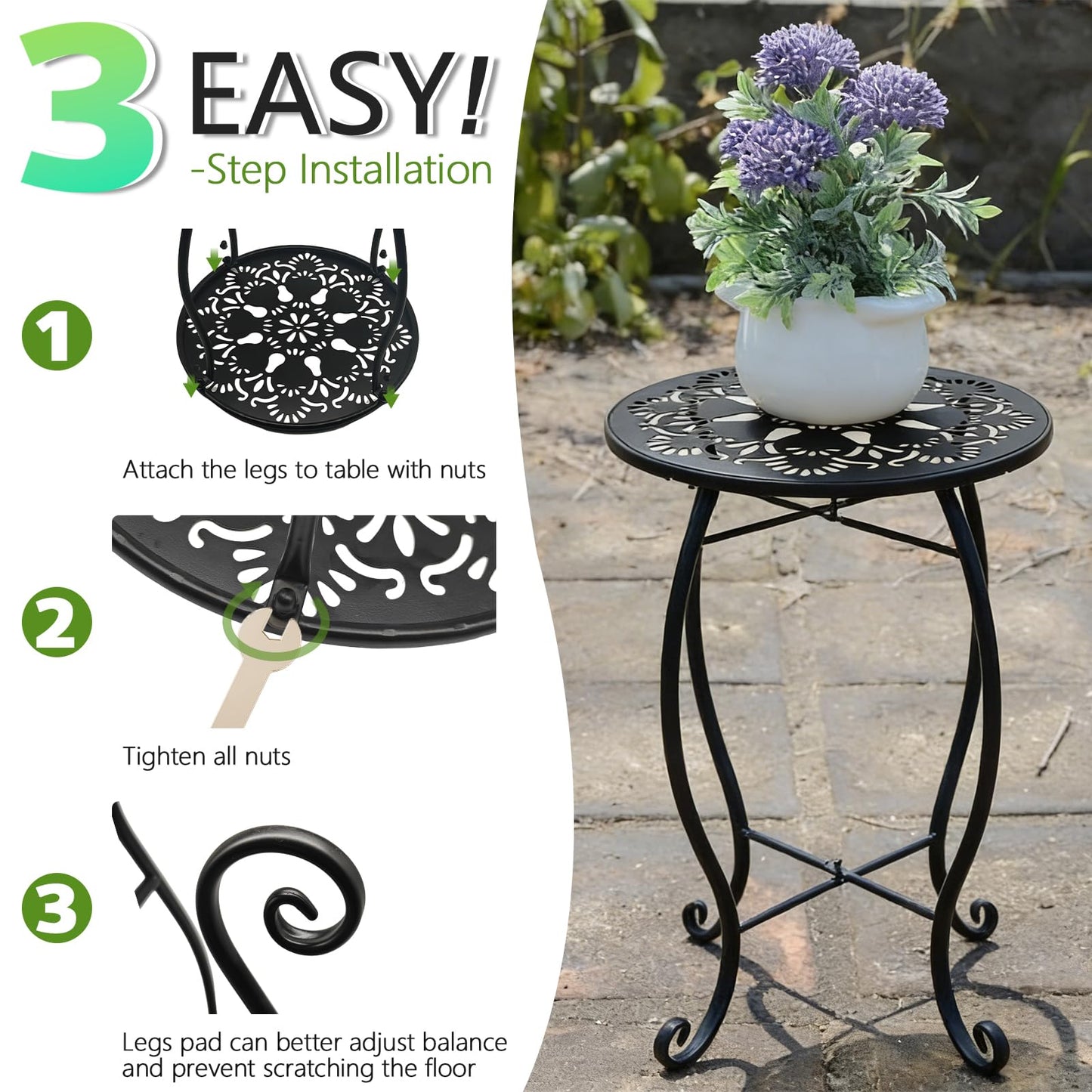 Arbuxzuy 3 Packs 17" Tall Round Metal Outdoor Side Tables for Patio, Decorative Black Flower Pot Stand, Rustproof Potted Holder, 120 lbs Load Capacity