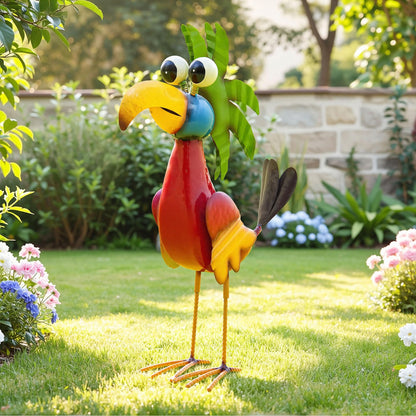 Ultym 19.7" Unique Cartoon Tiki Bird Decor, Handcrafted Large Parrot Sculpture with Ground Stake, Weatherproof Metal Yard Art for Patio, Lawn, Balcony or Indoor Home Decor, Ideal for Parties & Gifts