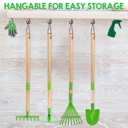 Amtreen Kids Gardening Tools Set - 6PCS Detachable Garden Tool Kit with Gloves, Shovel, Rake, Hoe, Leaf Rake & Spray Bottle - Wooden Handles with Hanging Hole, Perfect Outdoor Toy Gift for Ages 3-5
