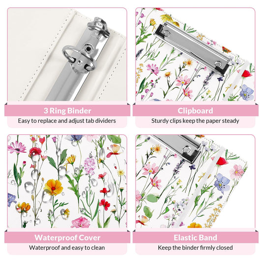 SKYDUE 1 Inch 3-Ring Binder with Clipboard, PU Binder with 5 Dividers, Notepad, Stickers & Pockets for Work and School - Aesthetic Binder (Letter Size)