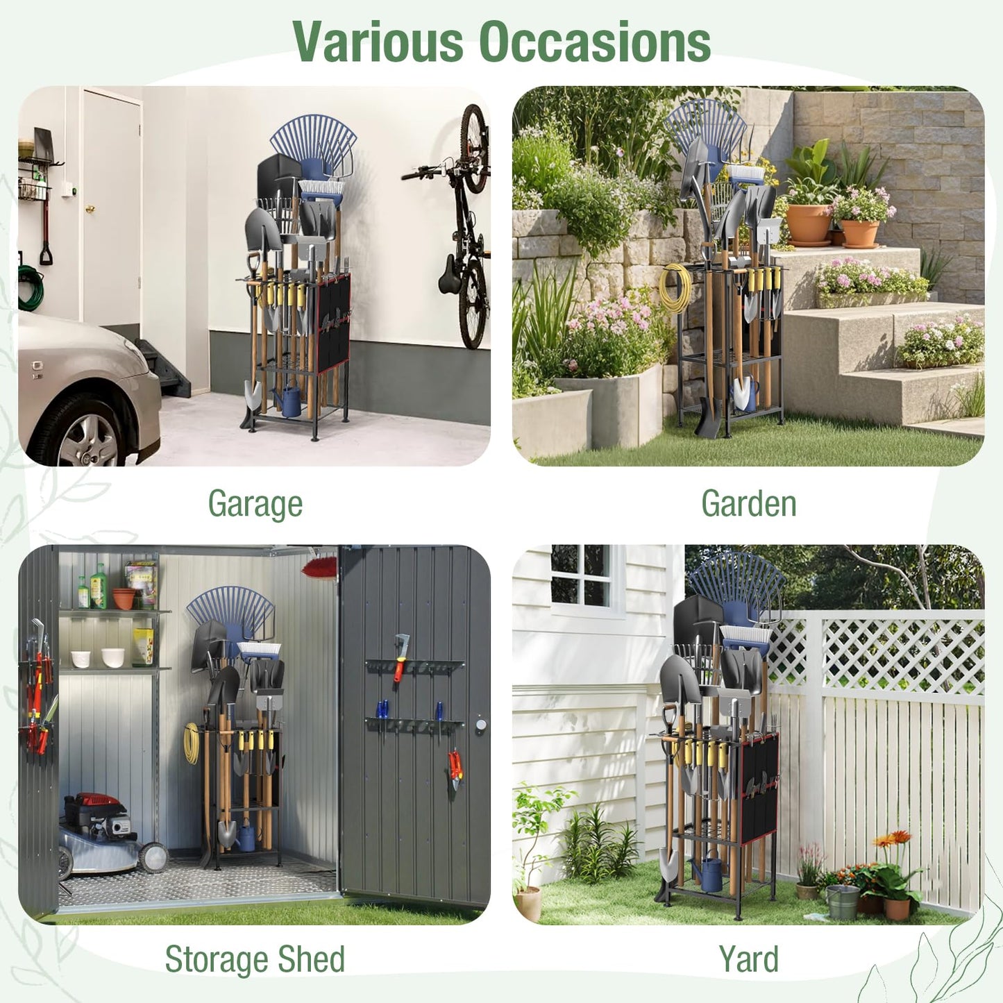 Lovind Garden Tool Organizer,Metal Yard Tool Organizer ,Holds 50 Long-Handled Tools/Rakes/Brooms,Side Garden Pocket ,Heavy Duty Steel Yard Tool Storage Rack for Garage,Shed, Outdoor