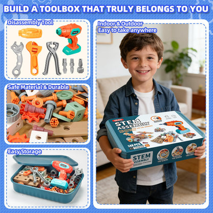 Kids Tool Set with Drill, 148Pcs Toddler Tool Set with Toolbox,STEM Montessori Toys for 3 -5Year Old, Educational Construction Toy, Pretend Play Toys for 3 4 5 6 Year Old Boys, Birthday Gift for Kids