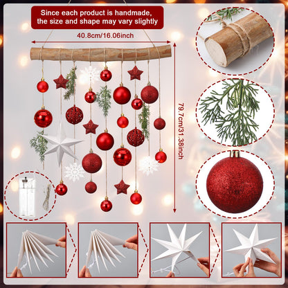 Halloscume Christmas Wall Hanging Decor with Light Wooden Branch Christmas Door Hanging Decorations Xmas Wall Art with Artificial Plants Red Ornament for Winter Holiday Kitchen Dining Room Decor