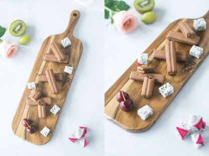 BILL.F Acacia Wood Cutting Board with Handle Small Size Long Wooden Charcuterie Board Paddle Cheese Board Serving Boards for Kitchen Meat, Pizza,Cheese, Bread, Vegetables &Fruits 16'' x 4.7'' x 0.6''