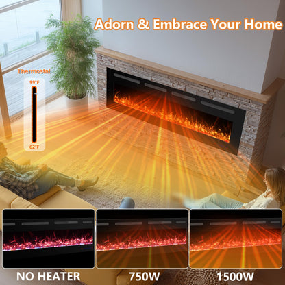 42 in Ultra Thin Electric Fireplace Insert with Remote Control 13 Flame&Flue Bed Colors, Overheat Protection and Thermostat, Low Noise Recessed&Wall Mounted Slim Fireplace Heater Chiminea with Dimmer