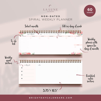 Belle Fleur Non-Dated Spiral Weekly Desk Calendar Planner, 60 Week Inspirational to Do List Pad Desktop Stand, 3.75" x 10.5", La Lune Collection by Bright Day