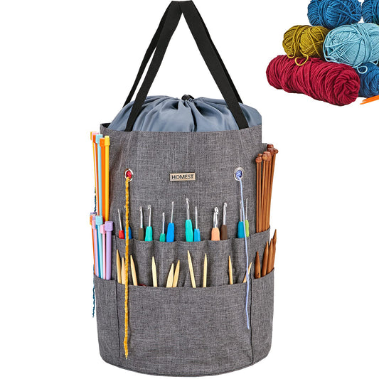 HOMEST Large Crochet Bag with Customized Front Compartment for Knitting Accessories, Yarn Storage with 6 Oversized Grommets, Tote Organizer with Drawstring Closure, Gray