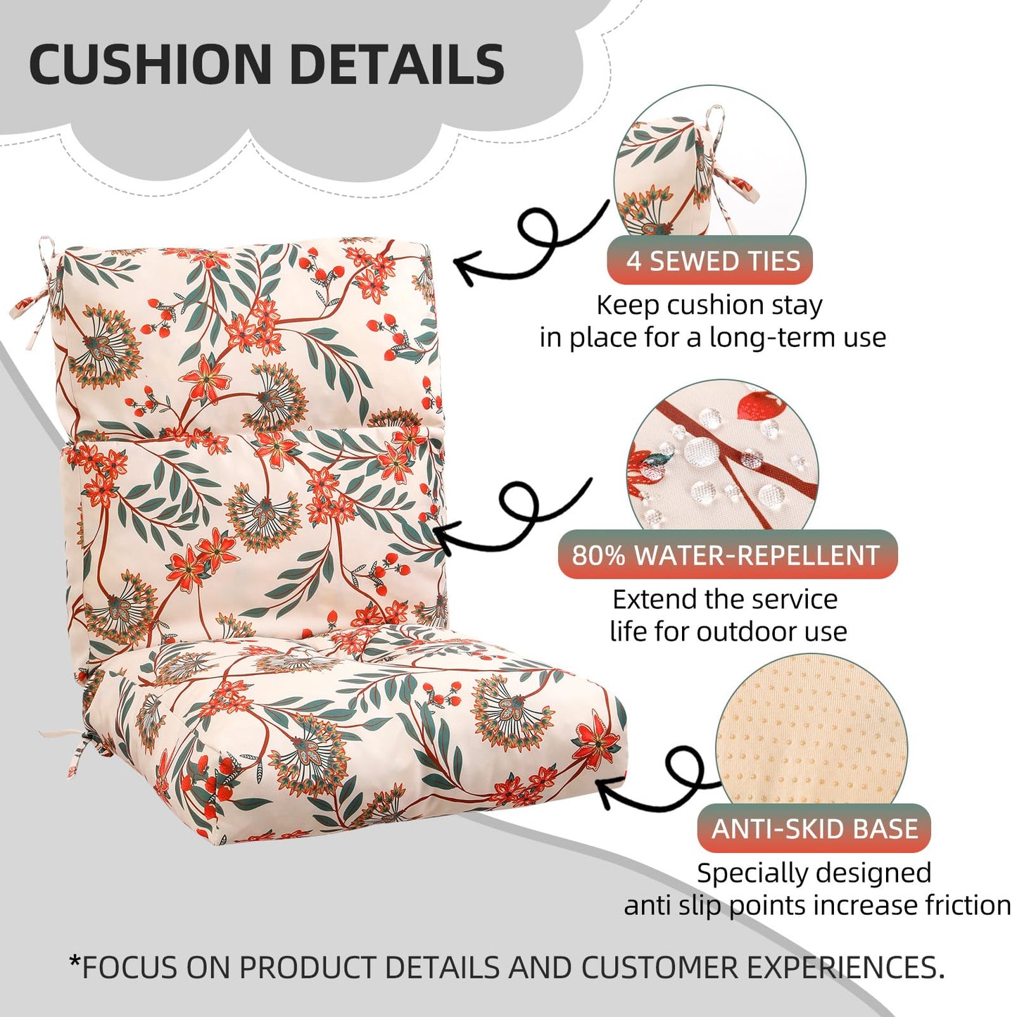 NBHUIYJJ High Back Chair Cushion, 44" x 20" UV Resistant & Water-Repellent Patio Furniture Chair Pads with Non-Slip Ties for Rocking Chairs, Adirondack, Dinning Chairs, Flower Red, 2Pcs