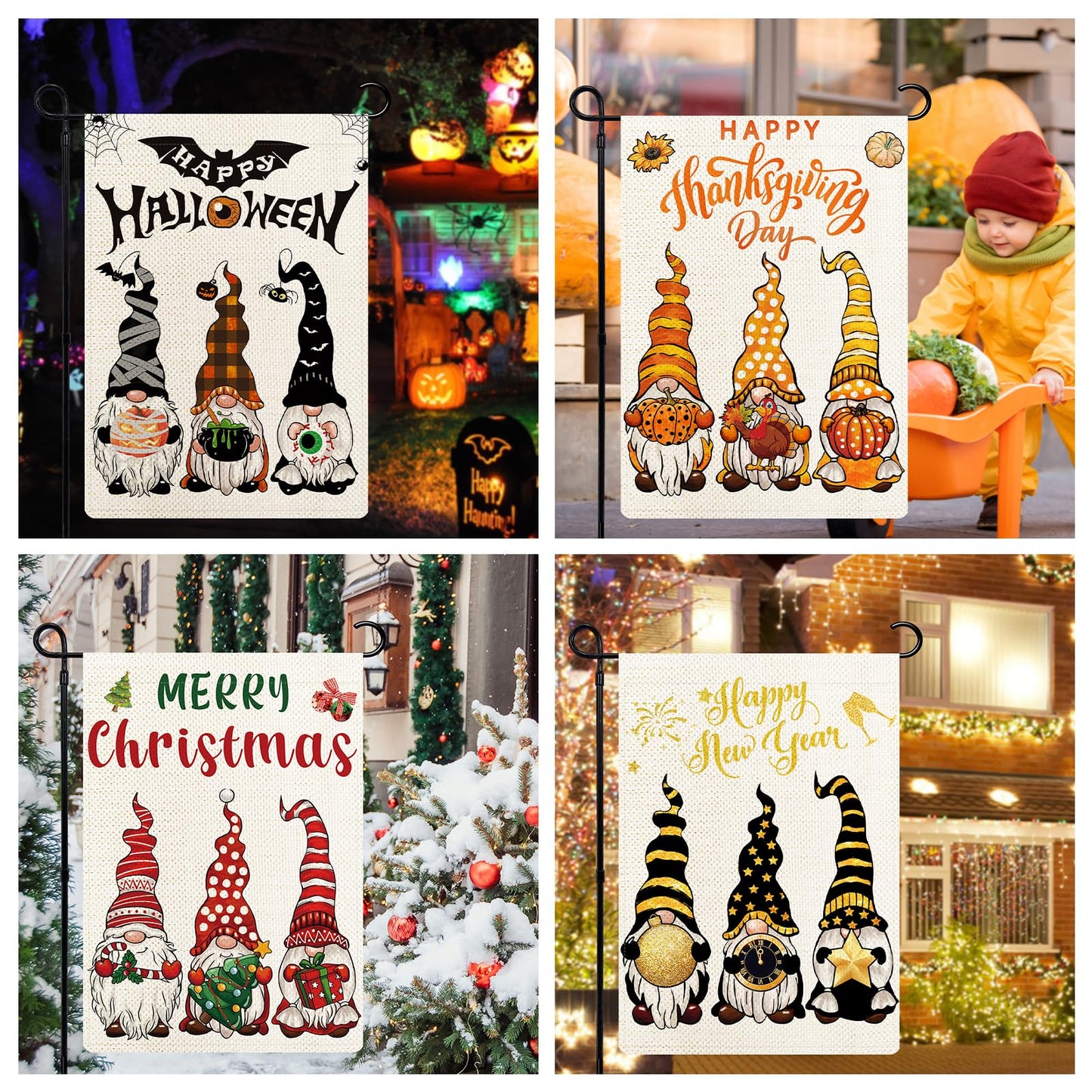 YOVOYOA Gnomes Seasonal Garden Flags Set of 12, All Seasons and Holidays, Burlap, 12x18 inch, Double Sided, Fade Resistant, Outdoor Decor