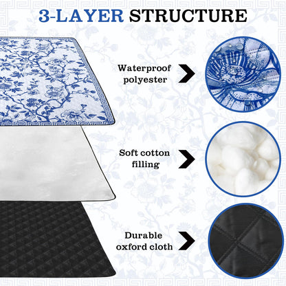 Newwiee 80 x 80 Inch Blue and White Floral Picnic Blanket Extra Large Outdoor Chinoiserie Picnic Mat with Carry Strap Waterproof Sandproof Blanket Foldable Portable for Beach Camping Grass Lawn Park