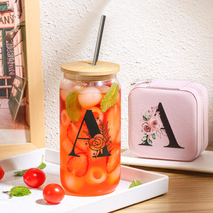 AYGXU Jewelry Box & Glass Set, Pink, Personalized Initial, Small Travel Case, Graduation Gift for Girls