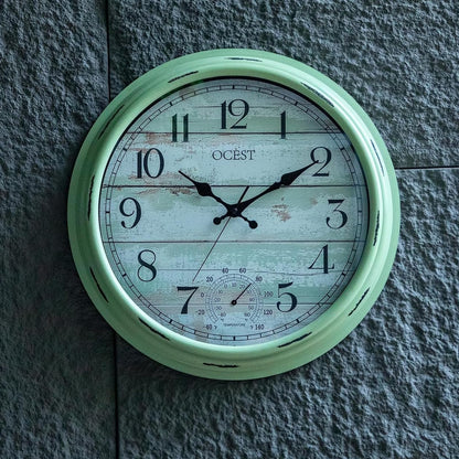 OCEST 16 Inch Indoor Outdoor Clock, Waterproof Large Wall Clock with Thermometer, Silent Non-Ticking Battery Operated Decor for Patio Pool Porch Garden Garage（Retro Green）
