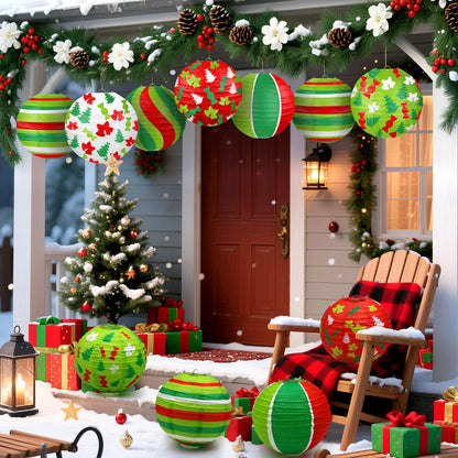 ADLKGG Christmas Party Decorations, Red Green Christmas Trees Bell Candies Printed Paper Lantern Decorative for Holiday Xmas Party Baby Shower Birthday Indoor Outdoor, 12Pcs