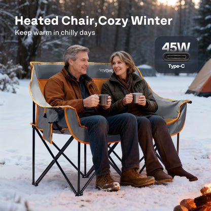VIVOHOME 45W Padded Heating Double Camping Chair with 2 x 27000mAh Power Bank, Heated Oversized Portable Loveseat for Outdoor Sports, 3 Levels of Heat, Overheat Protection System, Orange and Gray