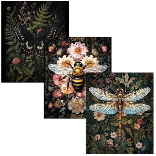Foritho 3 Pack Vintage Moody Floral Insect Diamond Art Kits for Adults, Dark Botanical Dragonfly Bee Butterfly Diamond Painting Kits, DIY Diamonds Gem Art Painting for Home Wall Decor, 9.8x11.8 Inch