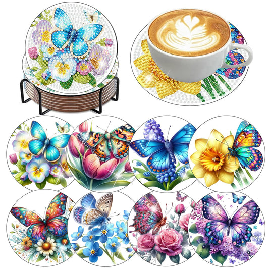 mrpwnle Diamond Art Coasters Kits, 8 Pcs Colorful Butterfly Diamond Painting Coasters Kits for Adults Beginners Set with Holder Cork Pads, Butterfly Diamonds Art Coaster Non Slip Crafts Kit