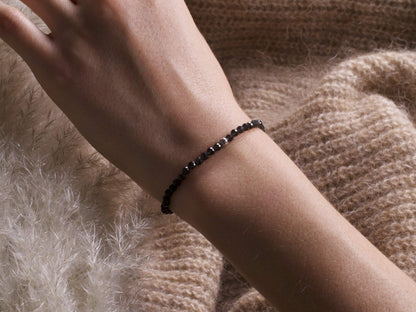 BERGERLIN Genuine obsidian bracelet with 925 Sterling silver - real obsidian bracelet with 4mm pearls, faceted - Size S