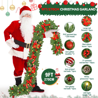 Christmas Garland with Lights 9FT Timer Prelit Garland Battery Operated Outdoor Indoor Christmas Decorations 30 LEDs Lighted Garland for Stairs Railing Fireplace Mantle Front Door Home Holiday Decor