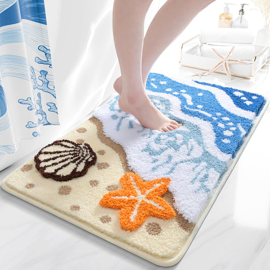 QJHOMO Coastal Bathroom Rugs Beach Ocean Wave Bath Mat Nautical Rug, Cute Colorful Bath Rug 3D Starfish Shell Beachy Theme Bathroom Decor, Soft Microfiber Carpet Non Slip Washable Bathmat(18x26 inch)