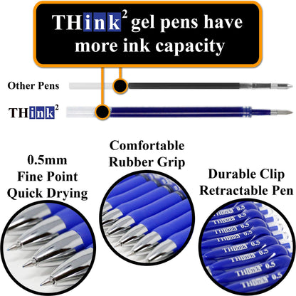 [24 Pens - Blue Ink] Think2 Retractable Gel Pens. (24 Blue) Fine Point (0.5mm) Rollerball Pens with Comfort Grip.
