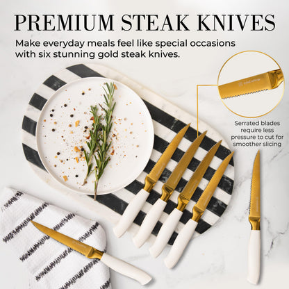 White and Gold Knife Set with Block - 14-Piece White Knife Set with Block and Built-In Sharpener – Titanium-Coated High Carbon Stainless Steel Blades - Gold Kitchen Accessories - Great for Gifting