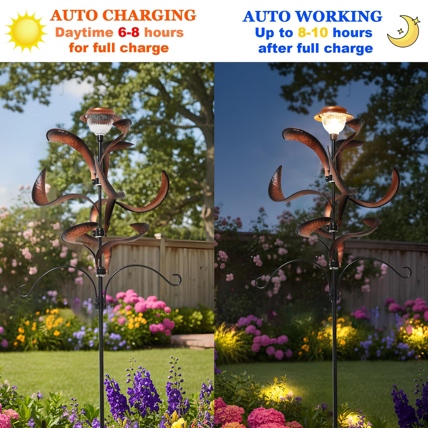 81" Metal Wind Spinner with Solar LED Light & Hanging Hooks - Rustic Copper Finish Kinetic Yard Art for Garden, Patio, Lawn - Outdoor Decor Stake