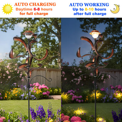 81" Metal Wind Spinner with Solar LED Light & Hanging Hooks - Rustic Copper Finish Kinetic Yard Art for Garden, Patio, Lawn - Outdoor Decor Stake