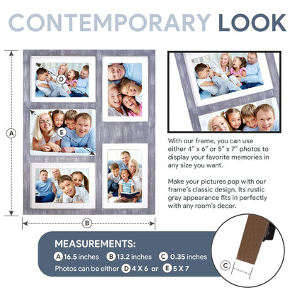 Great Lakes Memories GLM 4x6 or 5x7 Collage Picture Frames for Wall, Holds 5 Photos with Glass & Mat, 5x7 Picture Frame, Picture Frames Collage Wall Decor (Gray)
