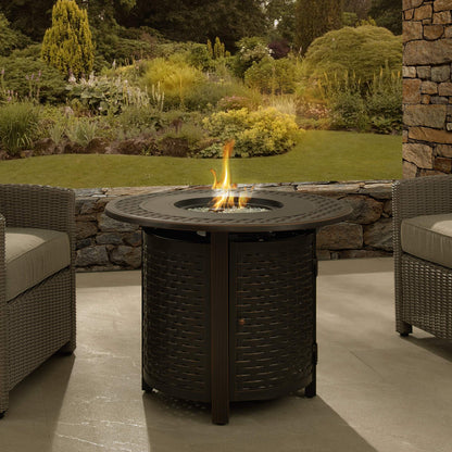 Fire Sense 63686 Hendricks Woven Aluminum Convertible Gas Fire Pit Table 37,000 BTU Multi-Functional Outdoor with Fire Bowl Lid, Nylon Weather Cover & Clear Fire Glass - Bronze Finish - Round - 34"