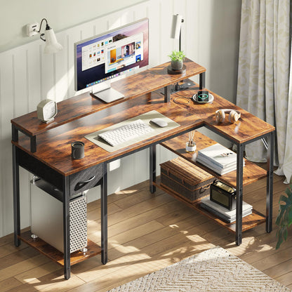 SUPERJARE 47 inch Reversible L Shaped Desk with LED Lights & Power Outlets, Computer Desk with Shelves & Monitor Stand, Gaming Desk with Drawer, Home Office Desk Corner Desk, Rustic Brown