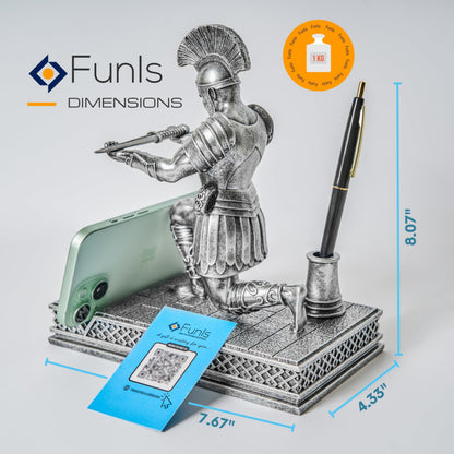 FUNIS Knight Pen Holder for Desk - Medieval Roman Knight Statue with 2 Pen Slots and Phone Stand - Cool Desk Decor for Men - Unique Executive Gift for Him