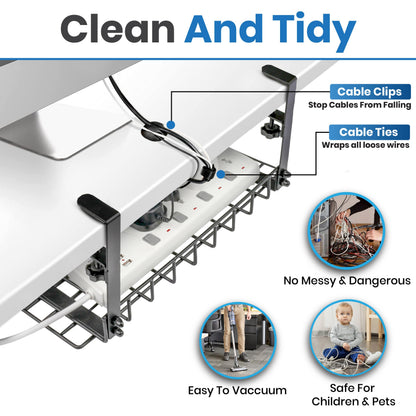 Under Desk Cable Management Tray, 16” No Drill Cord Organizer with Clamps for Wire Management, 4mm Sturdy Wire Desk Cable Organizer Tray, Cable Management Rack for Office
