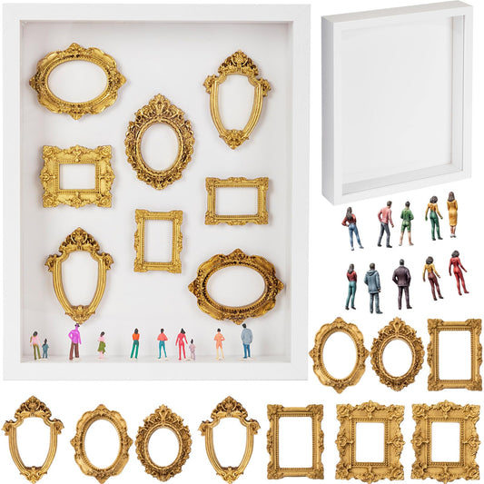 Lineshading 8 x 10 inch DIY Mini Shadow Box Kit Museum Design Silhouette Shadow Box Frame with 10 Mini Gold Frames & 10 Museum Themed Figurines for Pictures, Crafts & Home Decor Gift(White)