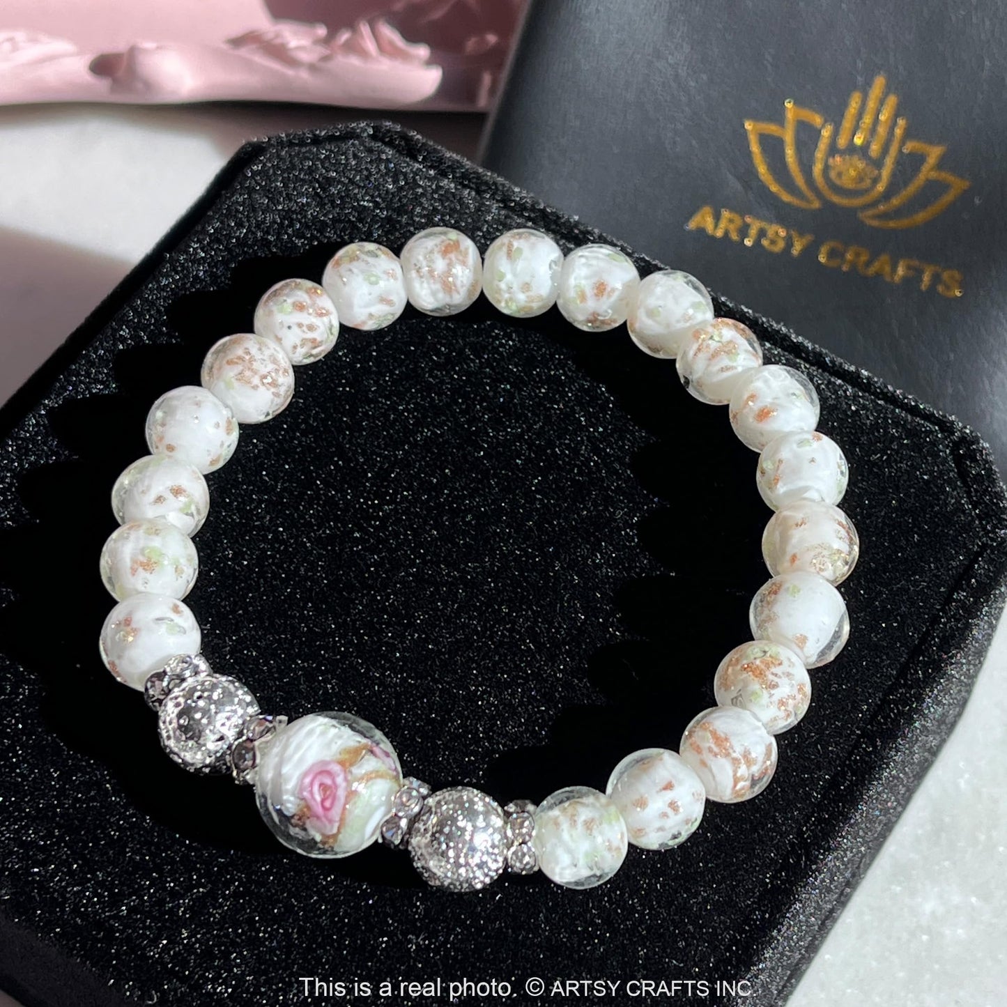 ARTSY Crafts Glow in the Dark Firefly Beads Bracelet for Women, Luminous Glass Beads Healing Crystal Glowing Beaded Bracelets, Mermaid Bracelet, Stretch Stackable Bangle Wristband (White)