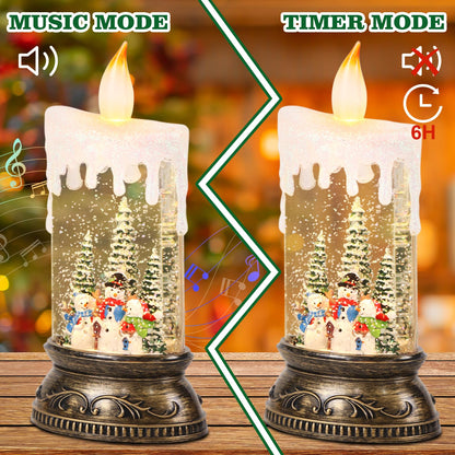Eldnacele Christmas Music Snow Globe Lantern with 6H Timer Battery Operated & USB Powered Lighted Snowman Family Singing Snow Globe Candle Lamp Spinning Water Glitters Xmas Holiday Decor