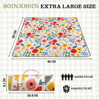 Tegeme Beach Picnic Blanket Floral Waterproof Outdoor Blanket 80''x80'' Extra Large Portable Sandproof Machine Washable 3 Layer Thick Gingham Picnic Mat for Beach Camping Park Grass(Beige)