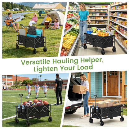 Blomoba Collapsible Wagon Cart, 330LBS Heavy Duty Folding Cart with Wheels 360° Rotation, Built-in Brakes, Flexible Handle, Portable Utility Wagon for Grocery Sports Garden Shopping Camping