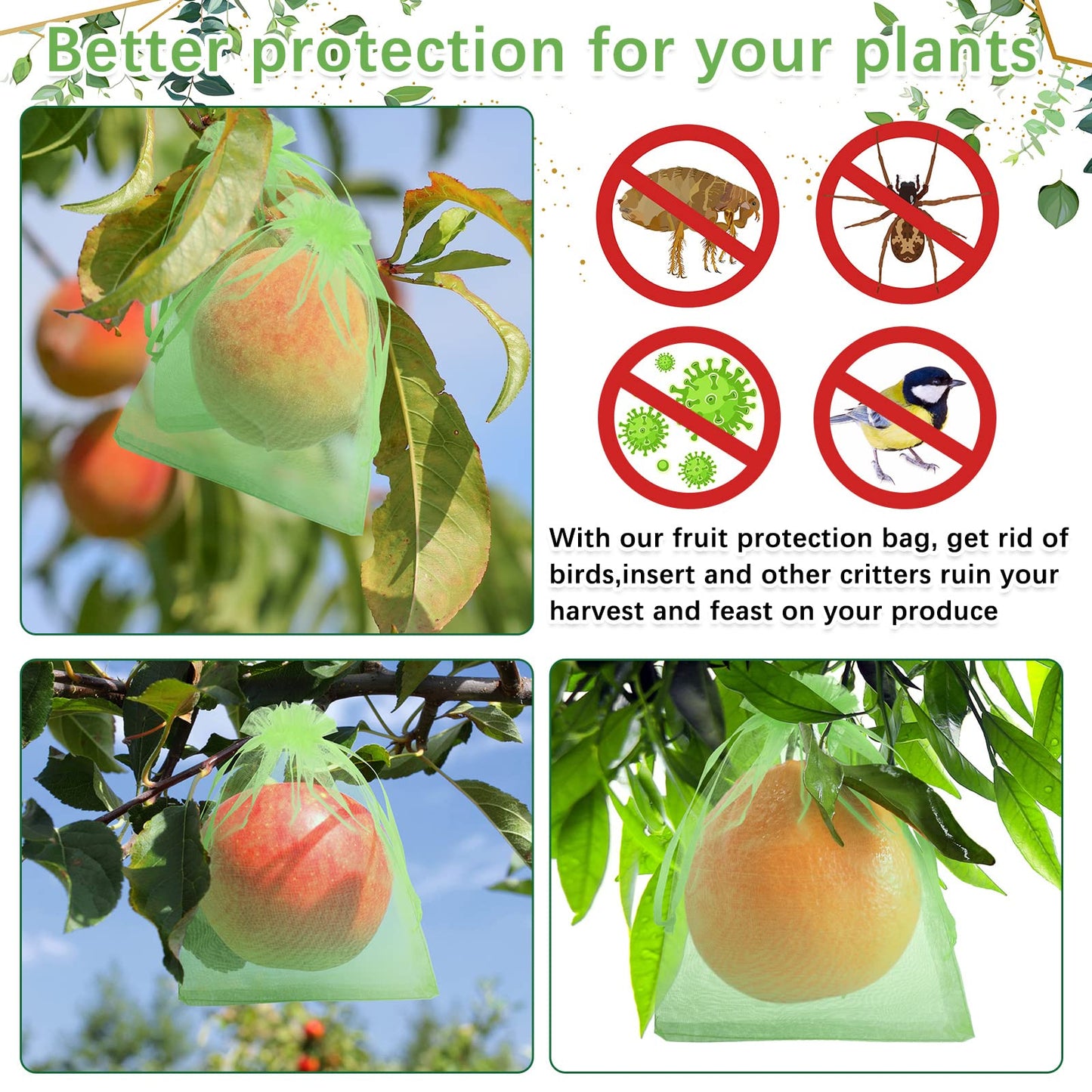 Boao 200 Pcs Fruit Protection Bags Fruit Netting Bags with Drawstring for Protecting Vegetable Net Cover Reusable Mesh Bag for Garden Apple Trees