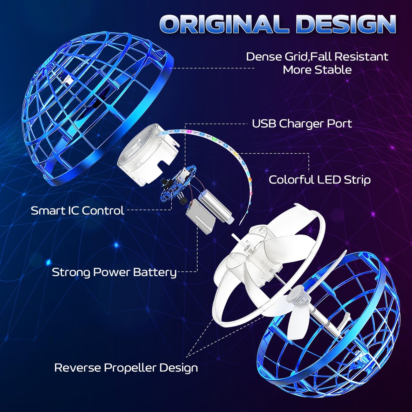 2026 Flying Orb Ball Toy - Christmas Cool Novelty Gift Hover Ball Galaxy Boomerang Hand Drone Magic Floating Balls Orbit Mini Outdoor Fidget Toy Stocking Stuffer for Kids Boys Girls Teens (Blue+Pink)