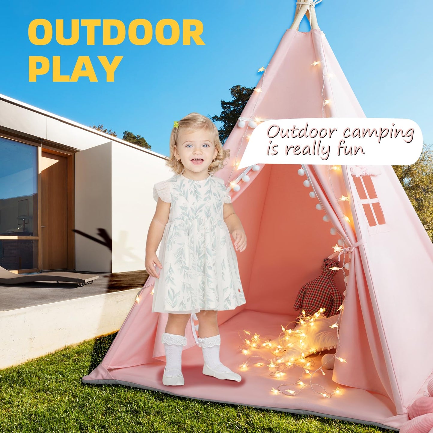 RONGFA Teepee Tent for Kids with Mat, Star Lights, Carry Case, Cotton Canvas Playhouse, Foldable Tents, Portable Children Play Tent Indoor Outdoor (Pink)