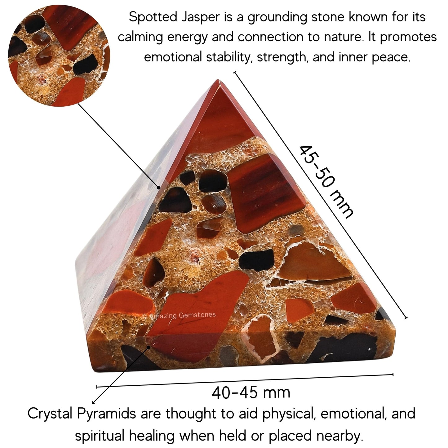 Amazing Gemstone Spotted Jasper Pyramid Crystal Healing Stones - 2" Great Pyramid Figurine of Natural Stone Pyramid for Meditation, Reiki, Chakra Balancing and Crystal Pyramids Grid