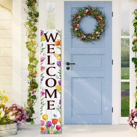 Vicenpal Spring Welcome Porch Sign Flowers Wooden Standing Decor Hanging 46 Inch Rustic Vertical Porch Sign Flowers Decorative Plaques for Outdoor Indoor Yard Garden Home Decoration