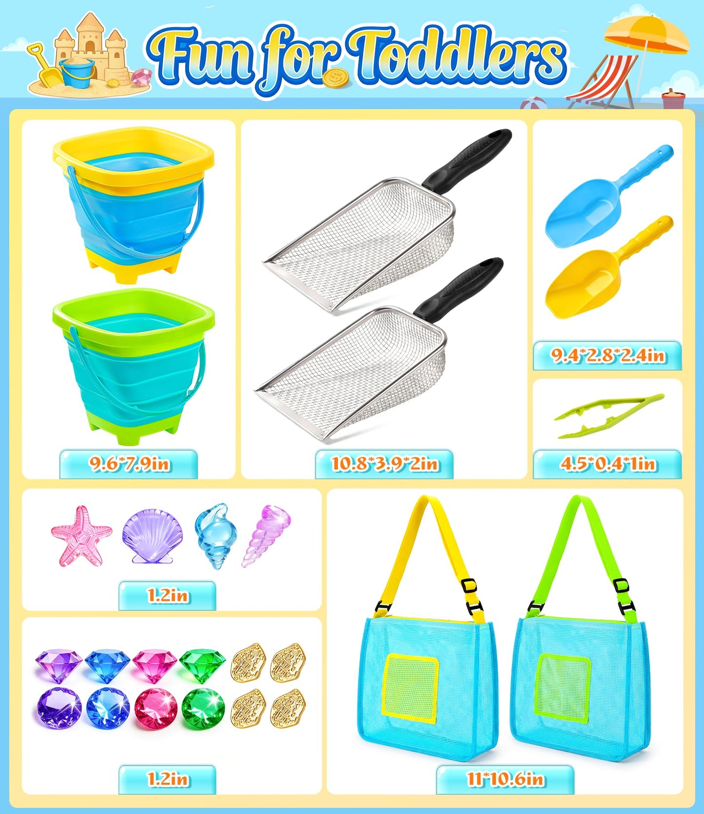 DISHIO Beach Toys for Kids, 25 Pcs Metal Sand Sifter & Collapsible Beach Buckets Set, Stainless Steel Sand Shovel, Sandcastle Building Kit with Mesh Bag, Travel Sand Toys for Toddlers Age 3-10
