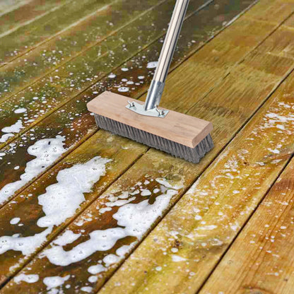 Stainless Steel Wire Scrub Brush with Long Handle for Deck, Concrete, Patio Floor Cleaning, 59'' Heavy Duty Stiff Metal Bristle Scrubber Broom for Outdoor Moss Removal