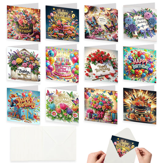 KJMYYXGS 12 Pcs Birthday Diamond Painting Art Greeting Cards Cake Rose Square Drill Greeting Cards Diamond Painting Kits for Adults DIY (Birthday)