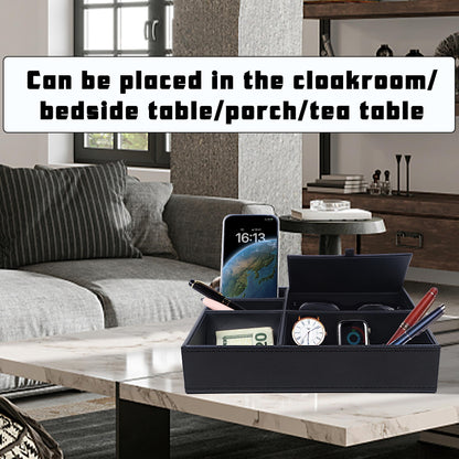 Zcaukya Men's Valet Tray, Jewelry Box Nightstand Organizer with 5 Compartments for Phone Keys Wallet Watch Glasses, Faux Leather Dresser Entryway Catchall Holder for Father's Day Gift (Black)