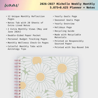 Blue Sky WAAV 2026-2027 Weekly and Monthly Academic Year Planner Calendar, July 2026 - June 2027, 5.875" x 8.625", Flexible Cover, Wirebound, Laminated Tabs, Storage Pocket, Includes 20 Extra Notes Pages, Michelle