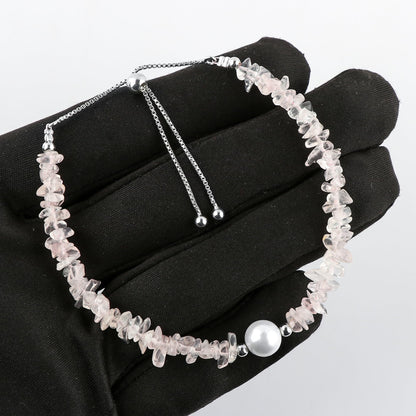 CRYSTALIS Natural Rose Quartz Beads Slider Bolo Bracelet with Elegant Pearl, High Grade Nuggets Crystal, Chakra Healing Gemstone, Gift Giving Women Jewelry, 925 Sterling Silver Slider 10 inch