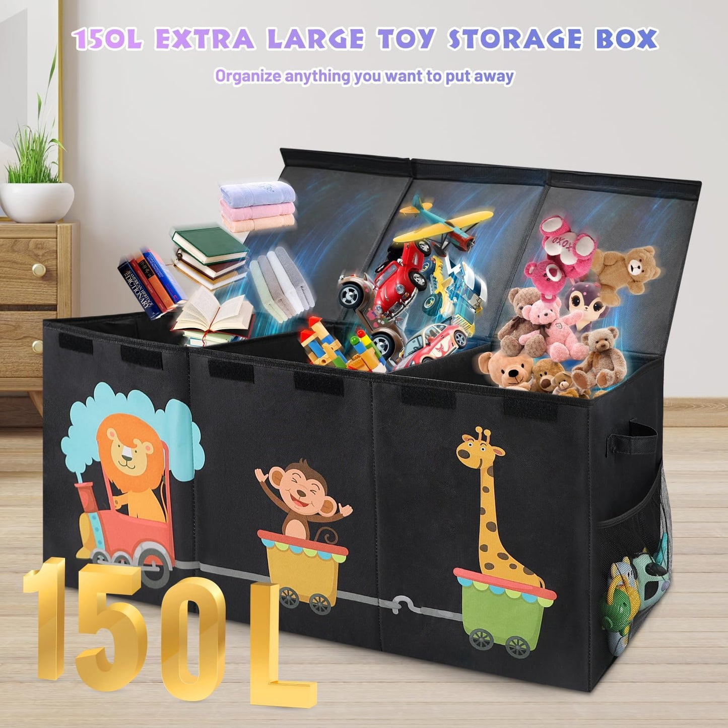 Maxuni XL Toy Box - Toy Storage Bins with lids, Collapsible Toy Chest for Boys Girls, Kids Big Toy Organizer with Adjustable Dividers for Living Room Area, Playroom, Bedroom，38"x16"x14"